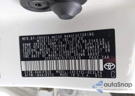 2020 Toyota Corolla Le z USA, uszkodzony, nr VIN 5YFEPRAE9LP115416